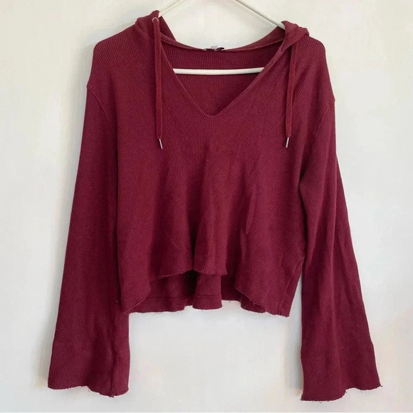 Splendid Maroon Pullover Sweater Cropped Hooded Draw String Wide Sleeve XS - Picture 1 of 9